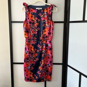[6] Evan Picone Navy Blue Midi Length Dress with Orange & Pink Floral Pattern